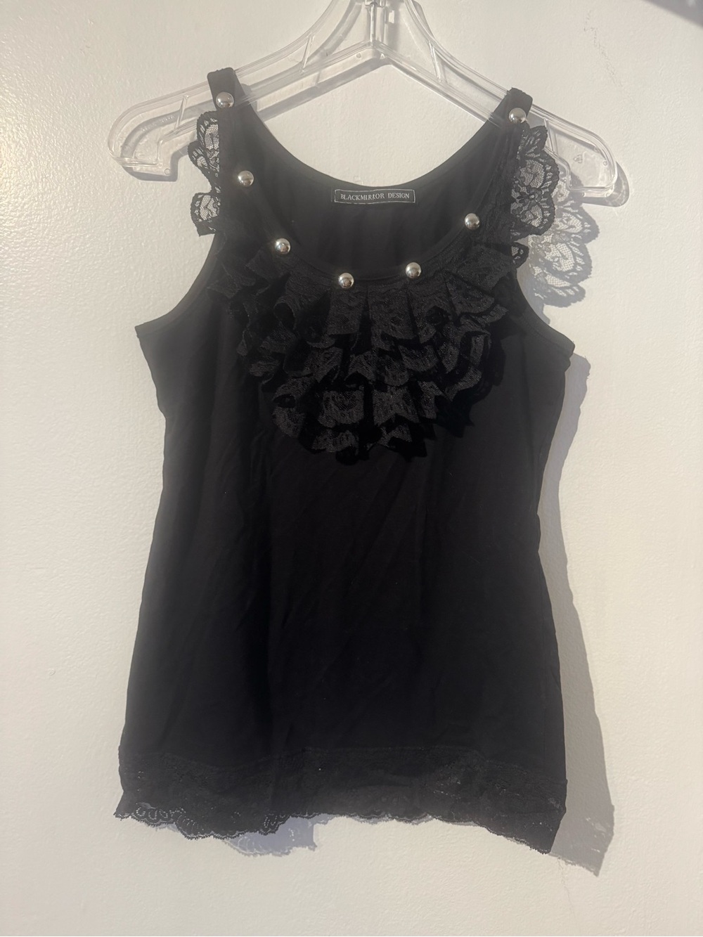 Blackmirror Design Black Lace Ruffle Pearl Tank Top